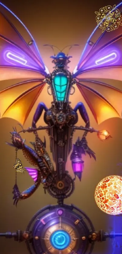Steampunk fantasy dragon with vibrant orange wings and intricate details.