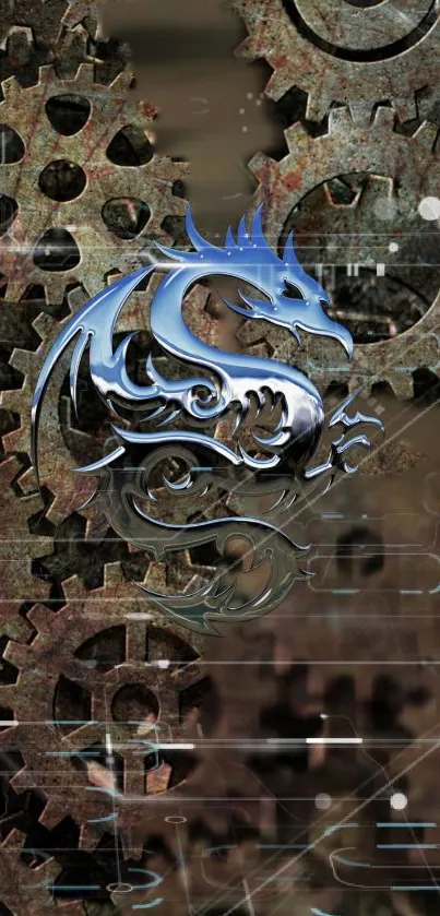 Steampunk dragon amidst metallic gears with a brown and blue color palette.