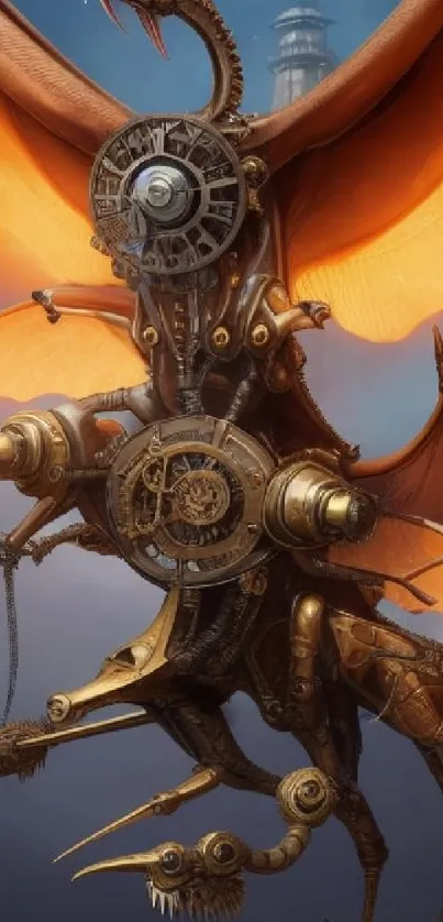 Steampunk dragon with orange wings and gears, perfect for mobile wallpaper.