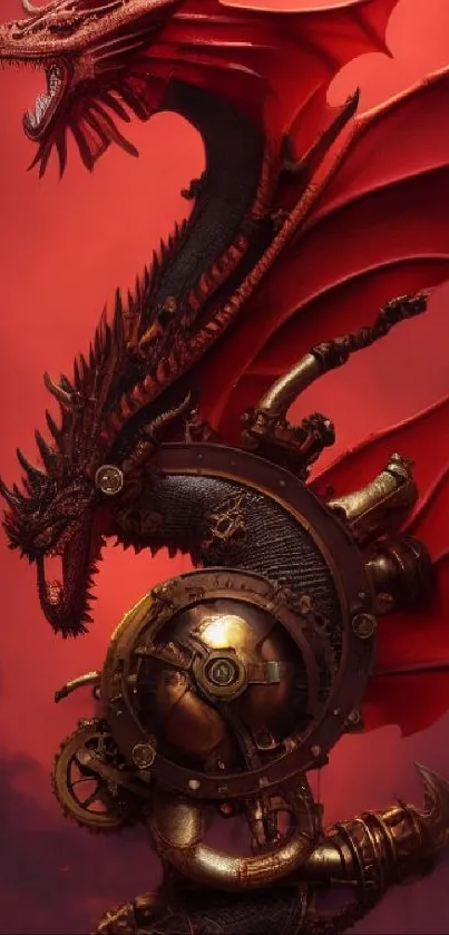 Steampunk dragon with gears on a vibrant red background in mobile wallpaper.