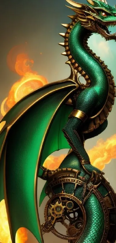 Emerald green steampunk dragon with gears and fiery background.