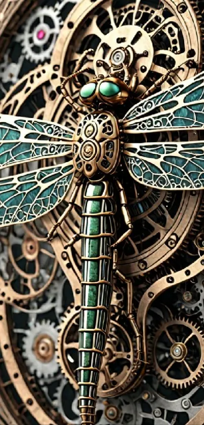 Steampunk dragonfly on intricate gears, bronze tones, mobile wallpaper.