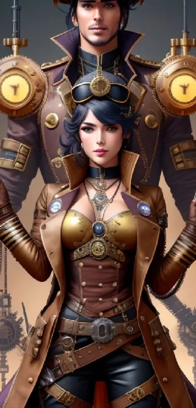 Steampunk duo in brown gear attire with intricate details and clockwork elements.