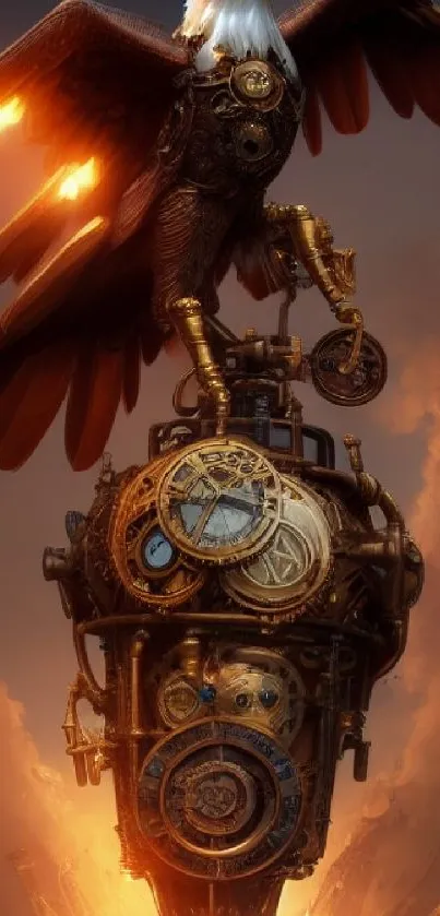 Steampunk eagle on mechanical base with a fiery backdrop wallpaper.