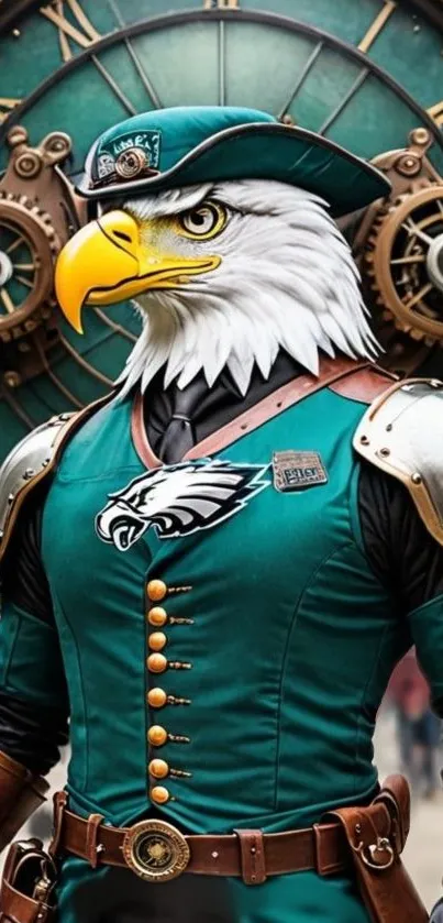 Steampunk eagle warrior in elaborate attire with clockwork background.