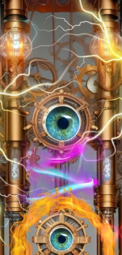 Steampunk wallpaper with electric eyes and vibrant lightning effects.