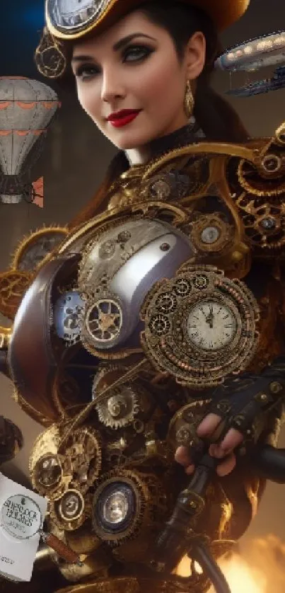 Steampunk lady with gears and timepieces in rich brown tones.
