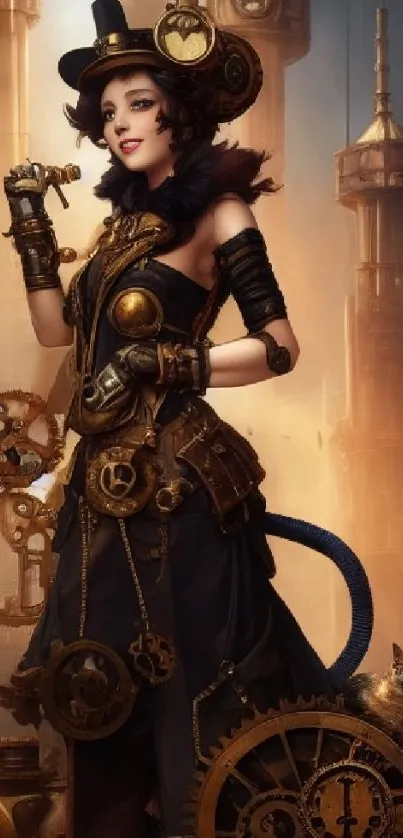 Steampunk woman in elegant attire with gears and cat background.