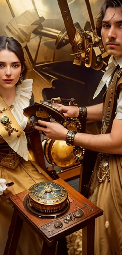 Steampunk-inspired couple in elegant attire with mechanical elements.