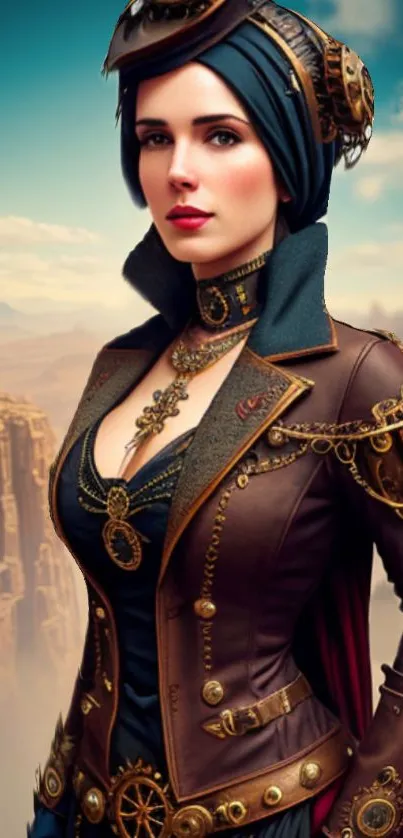 Steampunk woman in elegant attire with scenic background.