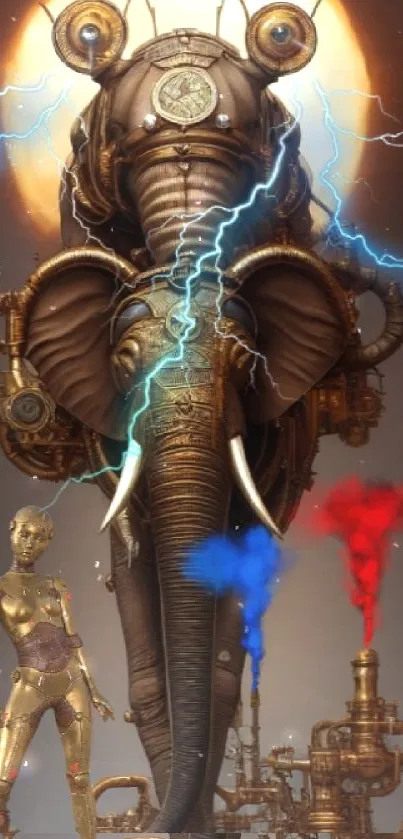 Mechanical steampunk elephant with electric effects.