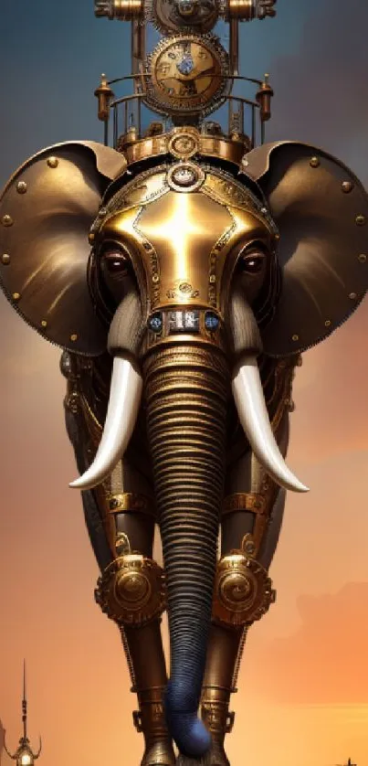 Steampunk elephant mobile wallpaper with sunset background.