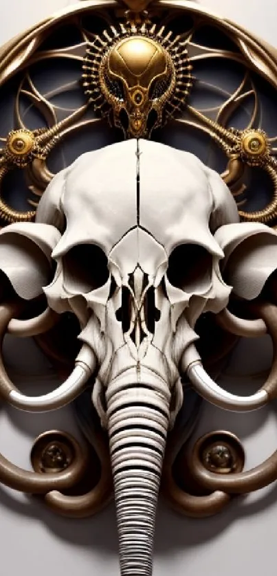 Steampunk elephant skull art with intricate metallic design and gold accents.