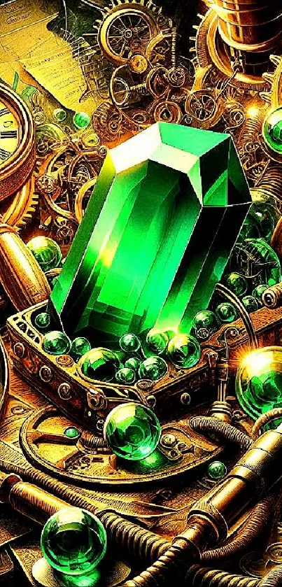 Emerald gemstone in steampunk fantasy setting with vintage gears and details.