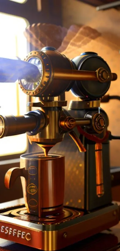 Steampunk espresso machine with brass elements in warm lighting.