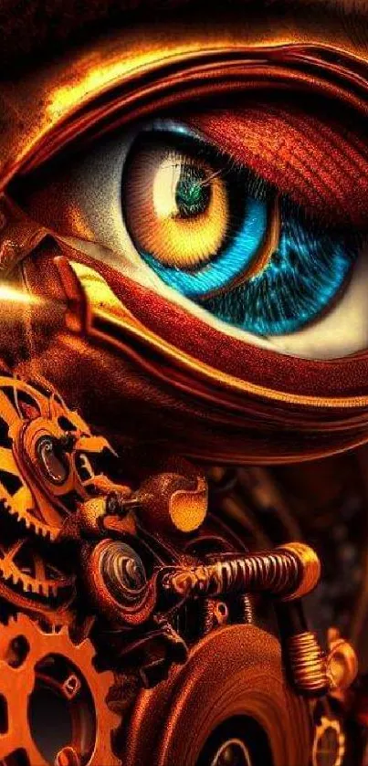 Steampunk mechanical eye with gears and vibrant colors in artistic wallpaper.