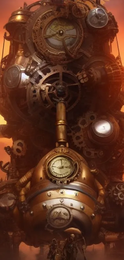 Steampunk fantasy wallpaper with clockwork design and dramatic sunset.