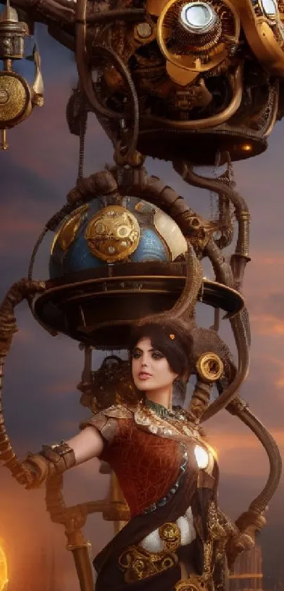 Steampunk fantasy art with gears at sunset