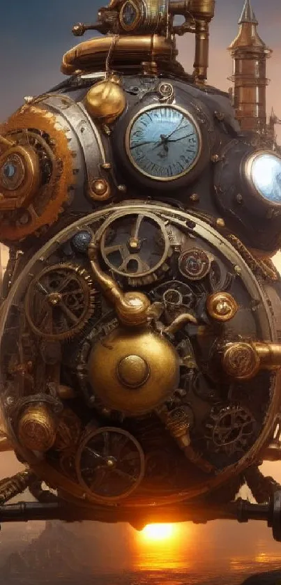 Steampunk fantasy art with intricate gears and clockwork under a sunset.