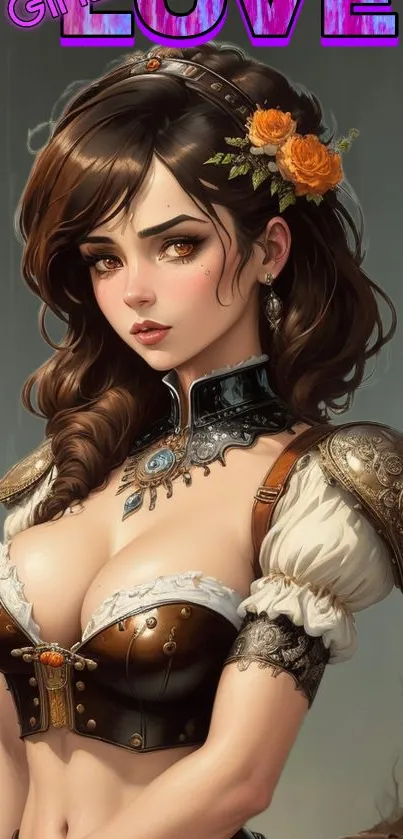 Steampunk fantasy art of a woman with ornate details and rich colors.