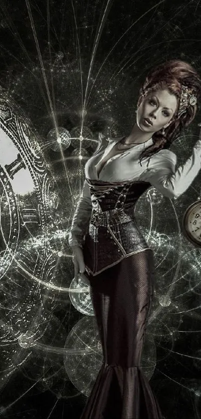 Steampunk fantasy art with clock and mystical figure.