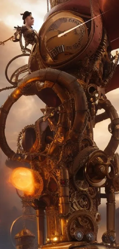 Steampunk fantasy artwork with clockwork and dreamlike cityscape.
