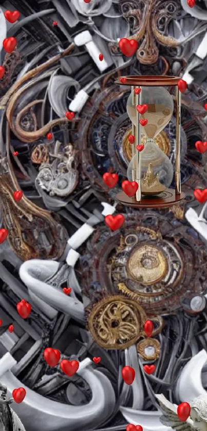 Steampunk fantasy wallpaper with gears, hourglass, and floating red hearts.