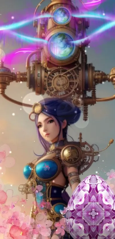 Steampunk fantasy artwork with flowers, gears, and a futuristic woman.