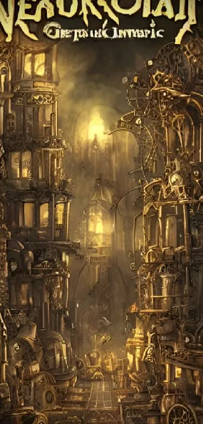 Steampunk art with vintage machinery, golden hues creating an urban fantasy scene.