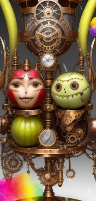 Steampunk fantasy artwork with robots and vibrant colors.