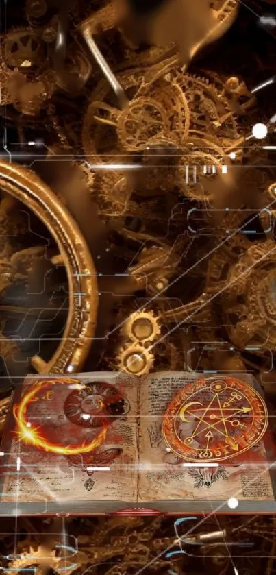 Steampunk fantasy wallpaper with gears and magical book.