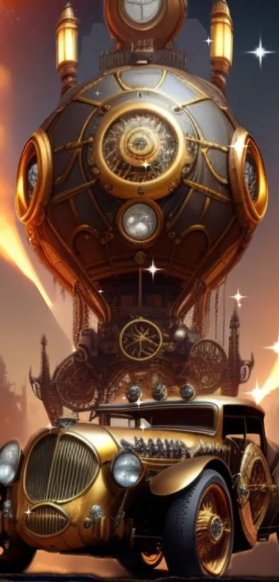 Steampunk car in a fantasy scene with a large balloon and fiery backdrop.