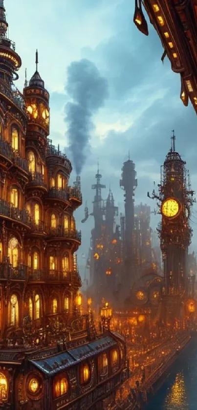 Steampunk cityscape with glowing lights against a misty sky.