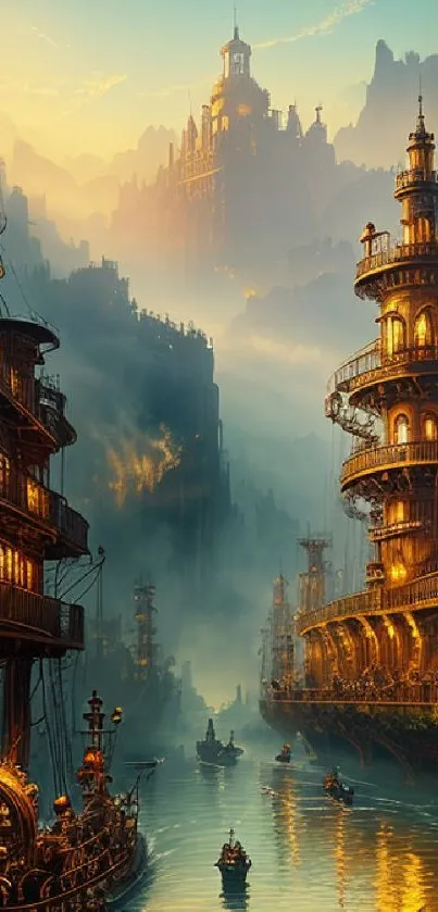 Steampunk fantasy cityscape with atmospheric light as a mobile wallpaper.