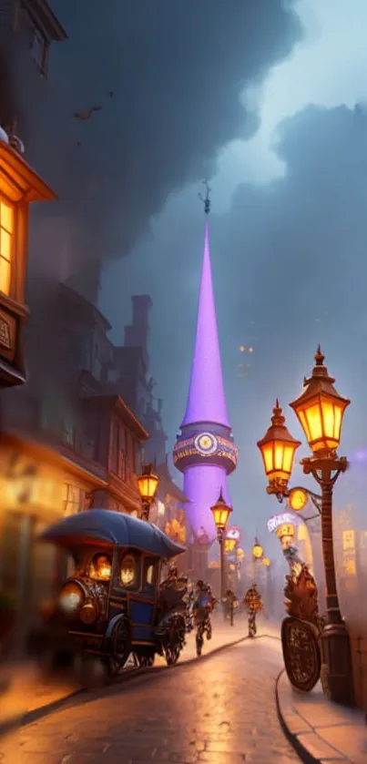 Steampunk fantasy city with glowing lanterns and a tall purple tower.