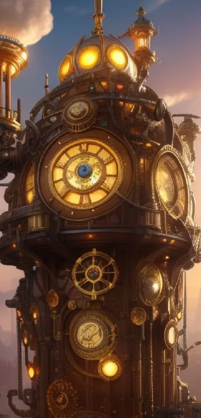 Steampunk cityscape with gears and glowing clocks against a sunset sky.