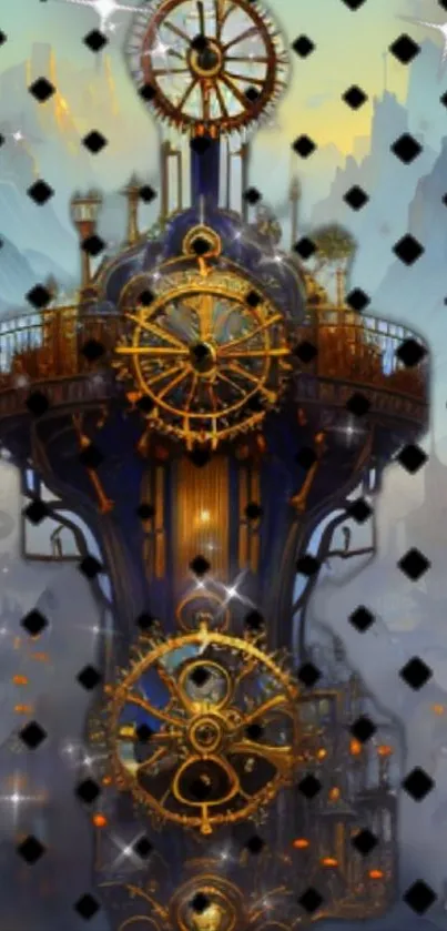 Steampunk fantasy clock tower with gears glimmering in a mystical cityscape.