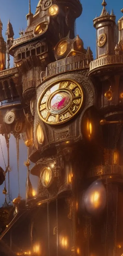 Steampunk clock tower with glowing details in a fantasy setting.