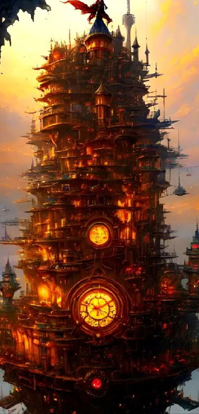 Steampunk fantasy tower with glowing orange sunset and clock.