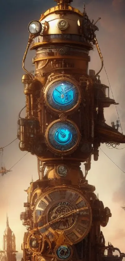 Steampunk clock tower amid a fantastical cityscape with sky hues.