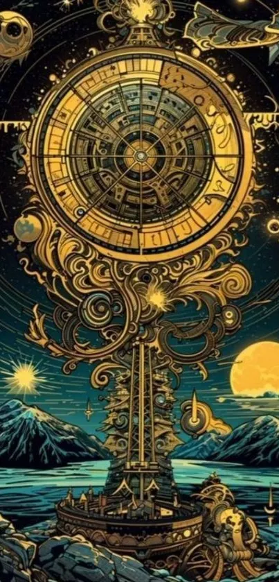 Steampunk fantasy clock art with celestial elements.