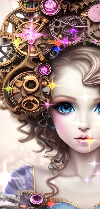 Steampunk fantasy doll with clockwork and vibrant colors.