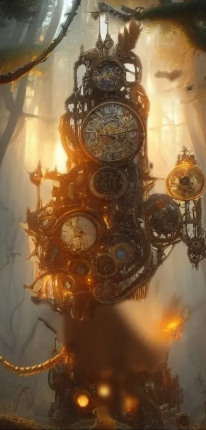 Steampunk tower in enchanted forest with clockwork details.