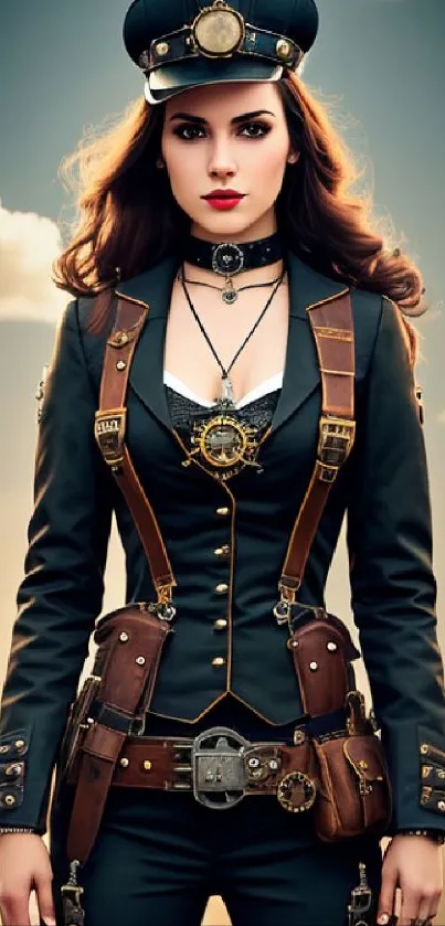 Steampunk fantasy woman in costume with cloudy sky backdrop.