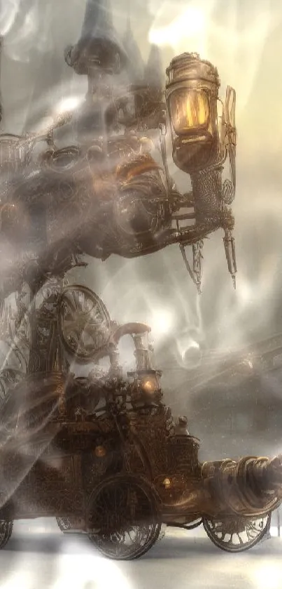 Intricate steampunk fantasy scene with vintage mechanical designs.