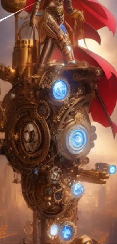 Steampunk fantasy wallpaper with gears and a heroic figure.