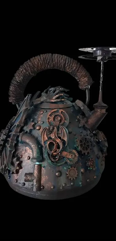 Steampunk kettle with gears on a dark background.