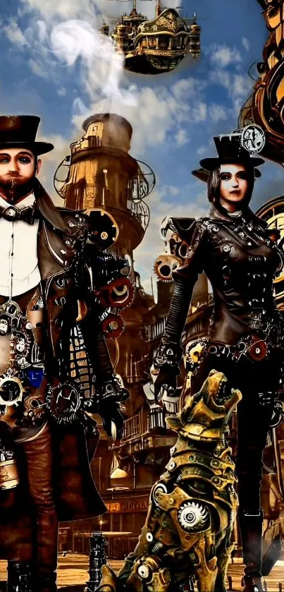 Steampunk characters with gear elements and airship.