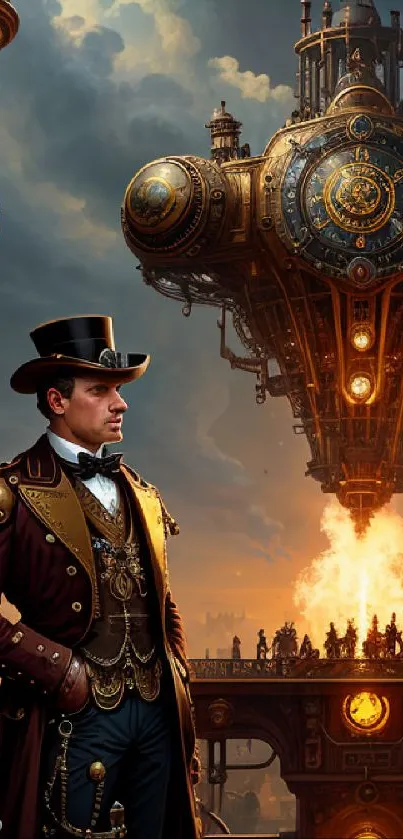 Steampunk fantasy wallpaper featuring a man with a mechanical airship.