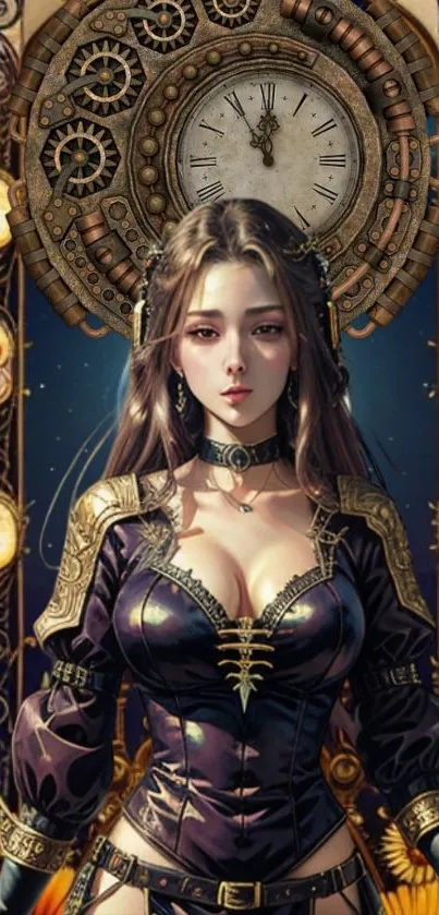 Steampunk fantasy wallpaper with clockwork and character art.